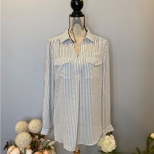 Philosophy - Women’s Long Sleeve Black & White Striped Collared Pullover Shirt